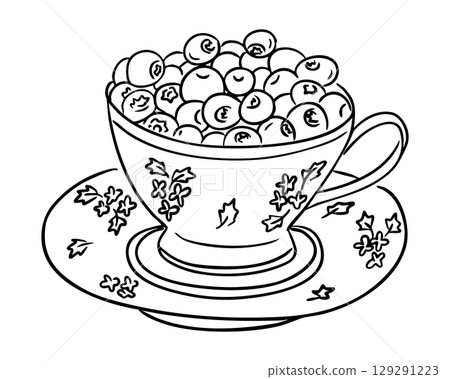 Vintage teacup filled with ripe blueberries on a matching floral saucer. Concept of healthy eating, natures sweetness and rustic kitchen charm 129291223