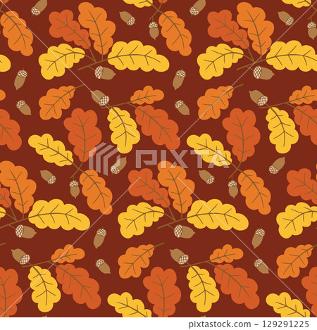 Seamless vector pattern with oak leaves and acorns in warm autumn colors on red background. Concept of seasonal nature, fall harvest and woodland design Seamless vector pattern with oak leaves and acorns in warm autumn colors on red background. Concept of seasonal nature, fall harvest and woodland design 129291225
