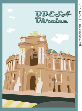 Vector travel poster featuring the Odesa Opera House in Ukraine with stylized architectural details. Concept of tourism, European heritage and cultural landmark promotion Vector travel poster featuring the Odesa Opera House in Ukraine with stylized architectural details. Concept of tourism, European heritage and cultural landmark promotion 129291226