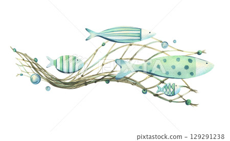 Group of fish swimming near marine net and bubbles in soft natural turquoise colors. Hand-painted watercolor illustration. Horizontal decorative composition for cards, invitations or website banners. 129291238