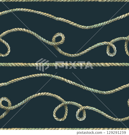 Curved ropes and tiny fish in soft neutral tones on dark marine background. Hand-painted watercolor illustration. Seamless pattern for packaging, wallpaper and textiles. 129291239