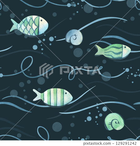 Fish, bubbles and swirls in dark turquoise palette with light accents. Hand-painted watercolor illustration. Seamless pattern for packaging, wallpaper and textiles. 129291242