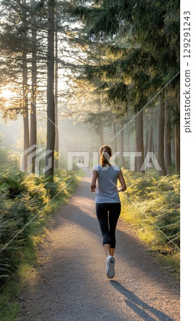 A woman jogs along a forest trail at sunrise with golden light streaming through the trees. The image represents health, mindfulness, and the rejuvenating power of nature and morning exercise 129291243