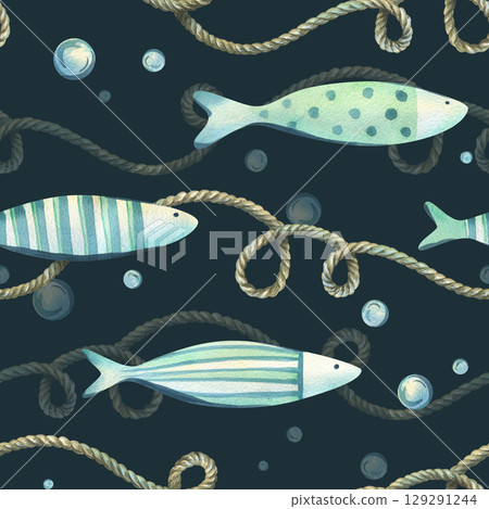 This seamless hand-painted watercolor illustration combines striped fish and curved ropes on a dark marine background, ideal for nautical textile patterns and aquatic themes. 129291244