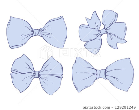 Set of blue textile tie bows coquette from satin and silk ribbons. Hand drawn illustration in ink in line art style graphics. For women, girls, boys, men, holidays, decoration, accessories and gifts. 129291249