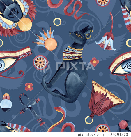 Egyptian seamless pattern, religion icon symbols, ancient ornaments. Bastet, Scarab beetle, Eye of Horus, Ankh, sacred lotus. Watercolor illustration isolated on blue background with blue shadows Egyptian seamless pattern, religion icon symbols, ancient ornaments. Bastet, Scarab beetle, Eye of Horus, Ankh, sacred lotus. Watercolor illustration isolated on blue background with blue shadows 129291270