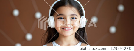 A smiling Latin girl with headphones, brown background, representing a love for music and online learning, perfect for tech or educational content, banner 129291278