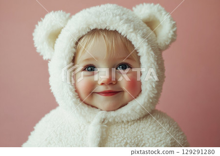 A giggling child in a plush white bear costume, with soft, fluffy fur, rosy cheeks, and tiny bear ears, radiating joy and innocence against a pastel background 129291280