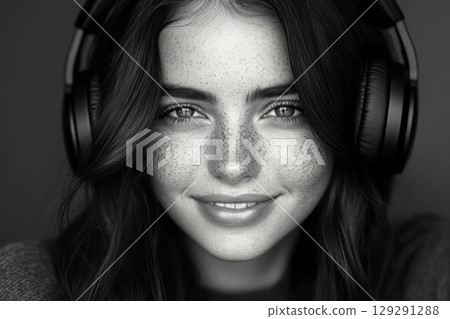 A portrait of a smiling girl with headphones, set against a contrasting black and white background, emphasizing her joyful expression and the simplicity of the design 129291288