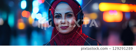 A confident Arab grandma smiles in a modern high-tech style, with headphones on her head and a dynamic neon background, reflecting innovation and energy, banner 129291289