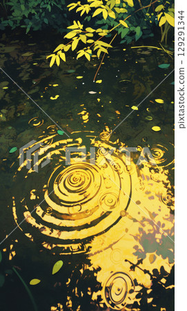 A peaceful view from above of a forest pond, with raindrops falling and forming expanding circles, delicate ripples, and soft light contrasting with shadows, creating a mesmerizing atmosphere A peaceful view from above of a forest pond, with raindrops falling and forming expanding circles, delicate ripples, and soft light contrasting with shadows, creating a mesmerizing atmosphere 129291344