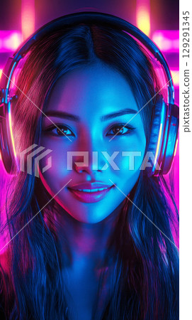 The vibrant image of a smiling Asian girl wearing sleek headphones, in a high-tech futuristic setting, showcasing a confident and dynamic presence, the pleasure of listening to music or studying The vibrant image of a smiling Asian girl wearing sleek headphones, in a high-tech futuristic setting, showcasing a confident and dynamic presence, the pleasure of listening to music or studying 129291345