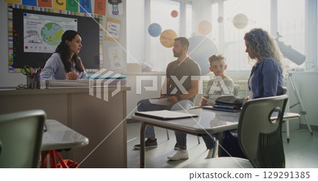 Teacher and Parents Discussing Academic Failure of Primary School Student in Classroom Teacher and Parents Discussing Academic Failure of Primary School Student in Classroom 129291385