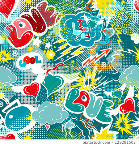 Abstract seamless chaotic pattern with line hearts. Graffiti love heart background. hand drawing. Not AI, Vector illustration 129291502