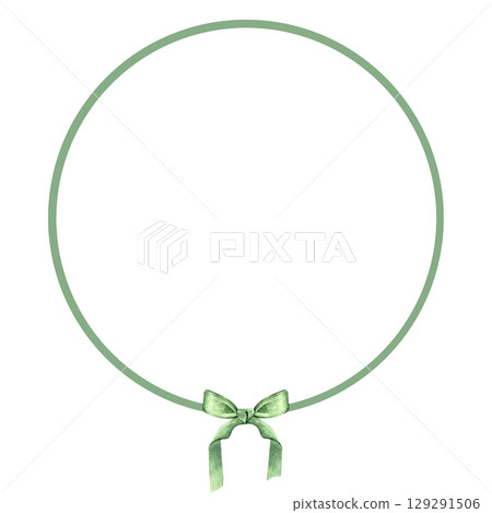 Minimalist watercolor round frame with a soft green ribbon bow at the bottom. Hand-painted elegant design ideal for invitations, greeting cards, labels, wedding stationery, holiday decor, branding 129291506