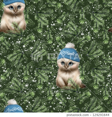 Adorable kittens wearing blue hats, nestled among snowy pine branches, seamless pattern 129291644