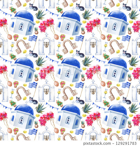 Watercolor seamless pattern with national elements of Greece on a white background. Bright and sunny seamless background for wallpaper, wrapping paper, packaging, postcards, scrapbooking, textiles 129291783