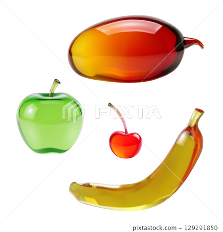 Glass fruit collection illustration. Transparent fruit icons design glossy look. Food drinks health nutrition diet designs. Realistic style white background vector 129291850