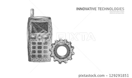 Old mobile phone next to gear. Outdated cell communication network technology concept art. Engineering development industry support. Wireframe lowpoly grayscale white background vector Old mobile phone next to gear. Outdated cell communication network technology concept art. Engineering development industry support. Wireframe lowpoly grayscale white background vector 129291851
