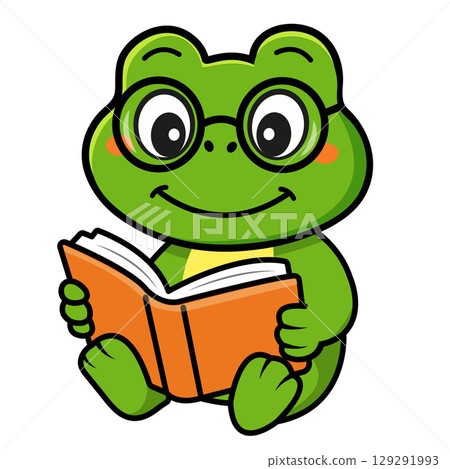 Cute cartoon frog with glasses reading a book. Perfect for back to school designs, kids education, classroom posters, and learning materials. Bright and fun vector illustration 129291993