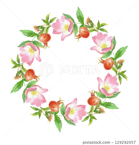Wreath of rosehip. Handmade watercolor art work. For packaging design, cards, cover, prints, product labels and fabric. 129292057