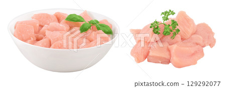 Raw diced chicken fillet in ceramic bowl isolated on white background. Top view. Flat lay Raw diced chicken fillet in ceramic bowl isolated on white background. Top view. Flat lay 129292077