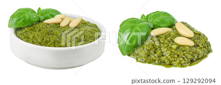 Pesto sauce in ceramic bowl isolated on white background 129292094
