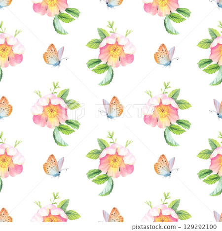 Seamless pattern of rosehip and butterfly. Handmade watercolor art work. For packaging design, cards, cover, prints, product labels and fabric. Seamless pattern of rosehip and butterfly. Handmade watercolor art work. For packaging design, cards, cover, prints, product labels and fabric. 129292100