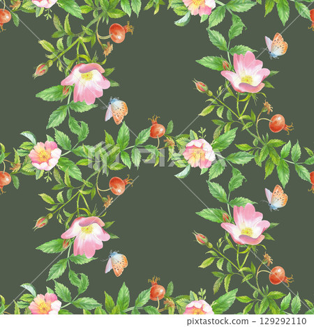 Seamless pattern of rosehip and butterfly. Handmade watercolor art work. For packaging design, cards, cover, prints, product labels and fabric. Seamless pattern of rosehip and butterfly. Handmade watercolor art work. For packaging design, cards, cover, prints, product labels and fabric. 129292110