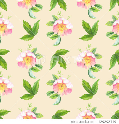Seamless pattern of rosehip and butterfly. Handmade watercolor art work. For packaging design, cards, cover, prints, product labels and fabric. 129292119