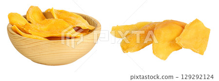 dried mango in wooden bowl isolated on white background dried mango in wooden bowl isolated on white background 129292124