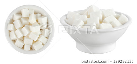 Sugar cubes in a ceramic bowl isolated on white background. Top view. Flat lay 129292135