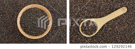 black quinoa in wooden bowl and spoon as a background. Top view. Flat lay black quinoa in wooden bowl and spoon as a background. Top view. Flat lay 129292146