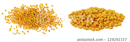 Bee pollen grains isolated on white background. Top view. Flat lay Bee pollen grains isolated on white background. Top view. Flat lay 129292157