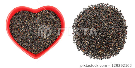 black quinoa in ceramic bowl isolated on white background. Top view. Flat lay 129292163