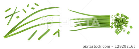 Green onion isolated on the white background. Top view. Flat lay. Green onion isolated on the white background. Top view. Flat lay. 129292165