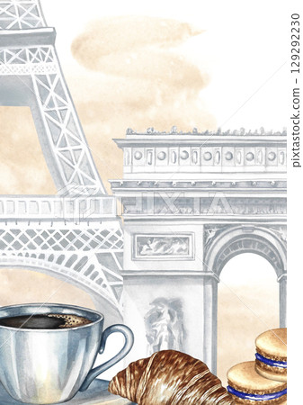 Frame with a picture of a coffee cup, French pastries, and the Eiffel Tower and the Arc de Triomphe in Paris. Hand-drawn watercolor illustration. Vertical template for labels, flyers, menu, and poster 129292230