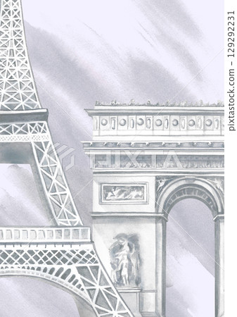 Watercolor background in gray tones with a picture of the Eiffel Tower and the Arc de Triomphe de Paris. Hand-drawn watercolor illustration. Landmarks of France. For postcards, invitations, posters. 129292231