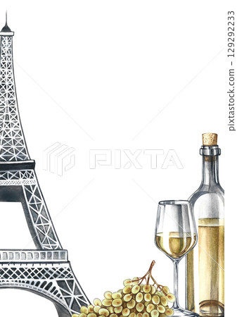 Vertical frame with a picture of white wine, a glass, a bunch of grapes, and the Eiffel Tower. Hand-drawn watercolor illustration. For invitations, menus, postcards, restaurant and bar decor, and more 129292233