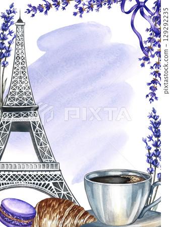 Beautiful frame with a picture of a coffee cup, French pastries, lavender flowers, and the Eiffel Tower. Hand-drawn watercolor illustration. On a purple watercolor background. For postcards, menus. 129292235