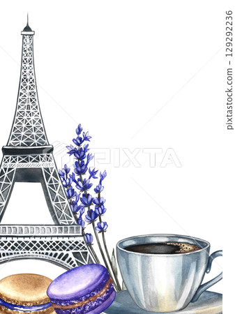 Frame and image of a coffee cup, macaroon almond cookies, and the Eiffel Tower. Hand-drawn watercolor illustration. French cuisine. For packaging, labels, flyers, menus, and posters. 129292236