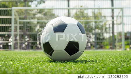 Banner with soccer ball on green grass field before football gate in the center. Soccer ball on field in front of goal post. Football stadium background. Summer Outdoor sports, team play. Banner with soccer ball on green grass field before football gate in the center. Soccer ball on field in front of goal post. Football stadium background. Summer Outdoor sports, team play. 129292293