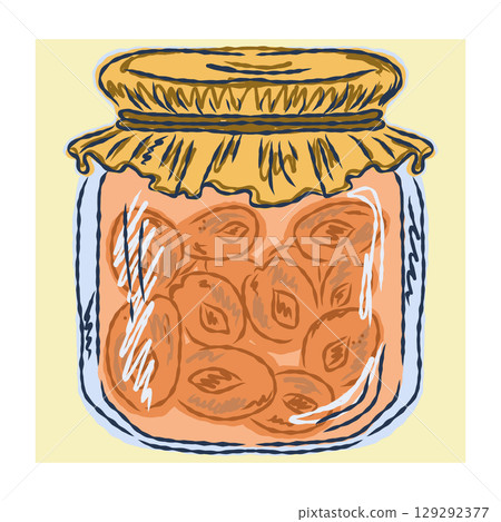 Hand drawn jar with preserved fruits or vegetables. Autumn harvest concept in sketchy vector style. Perfect for seasonal food illustrations, recipes and cozy kitchen designs 129292377