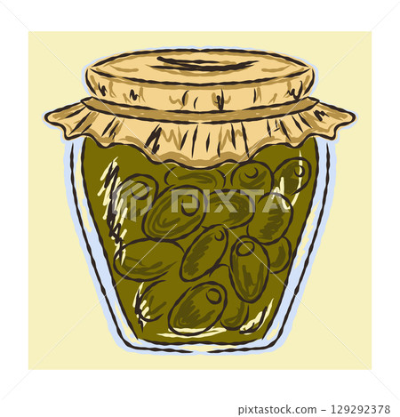Hand drawn jar with preserved fruits or vegetables. Autumn harvest concept in sketchy vector style. Perfect for seasonal food illustrations, recipes and cozy kitchen designs 129292378