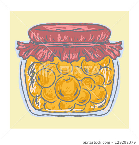 Hand drawn jar with preserved fruits or vegetables. Autumn harvest concept in sketchy vector style. Perfect for seasonal food illustrations, recipes and cozy kitchen designs 129292379