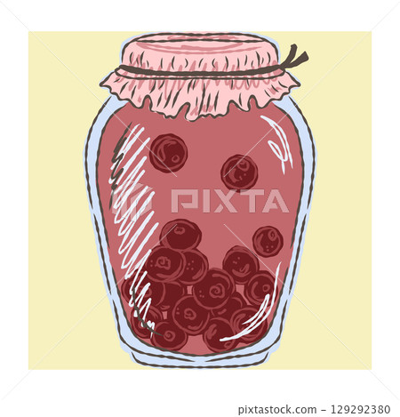 Hand drawn jar with preserved fruits or vegetables. Autumn harvest concept in sketchy vector style. Perfect for seasonal food illustrations, recipes and cozy kitchen designs 129292380