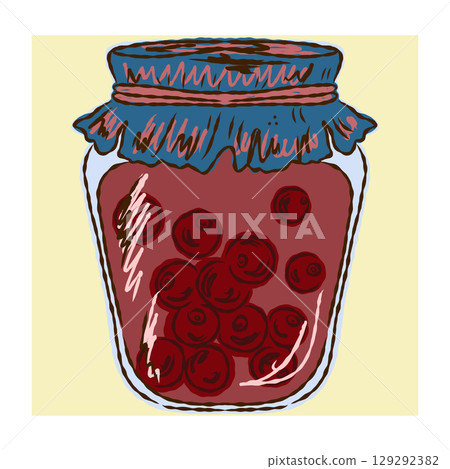 Hand drawn jar with preserved fruits or vegetables. Autumn harvest concept in sketchy vector style. Perfect for seasonal food illustrations, recipes and cozy kitchen designs 129292382