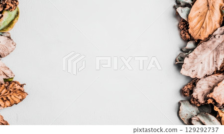 Dried autumn leaves arranged decoratively on a light background for seasonal display 129292737