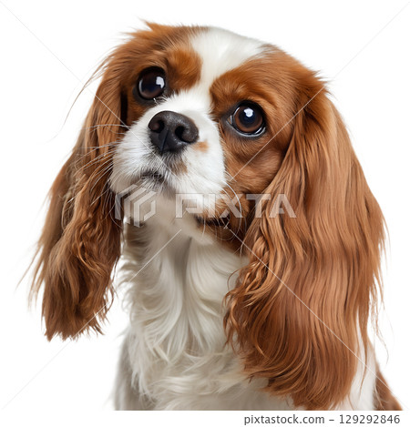 Adorable cavalier king charles spaniel with big brown eyes and sweet expression, portrait isolated on transparent background 129292846