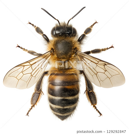 Close-up of honeybee with translucent wings extended, isolated on transparent background, pollination macro detail Close-up of honeybee with translucent wings extended, isolated on transparent background, pollination macro detail 129292847